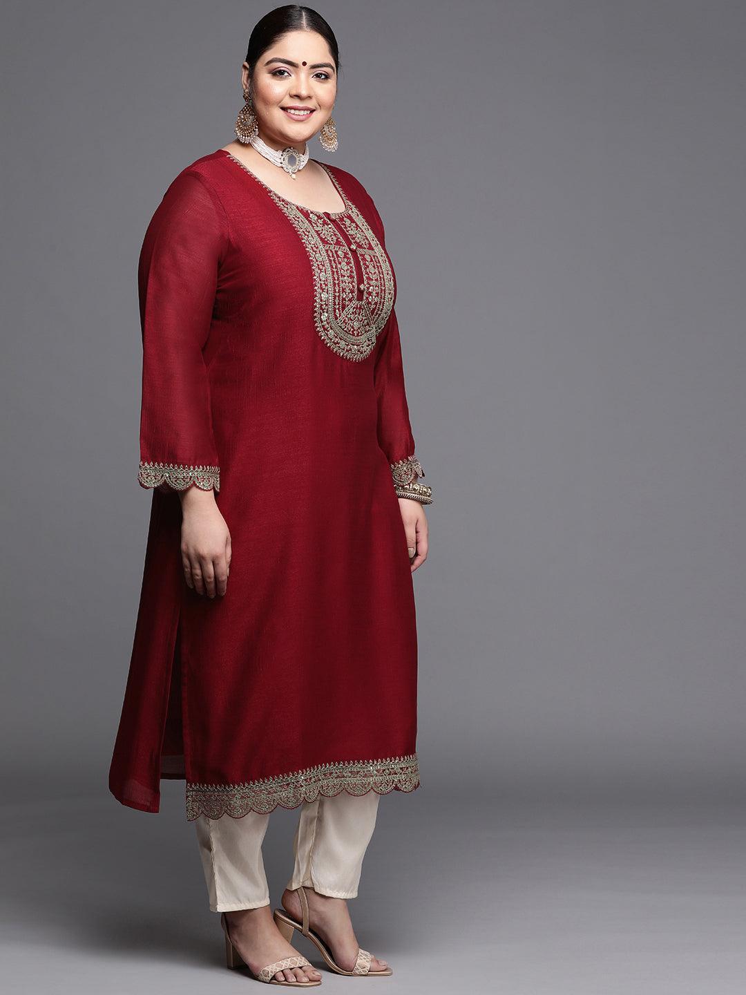 Plus Size Maroon Yoke Design Silk Kurta