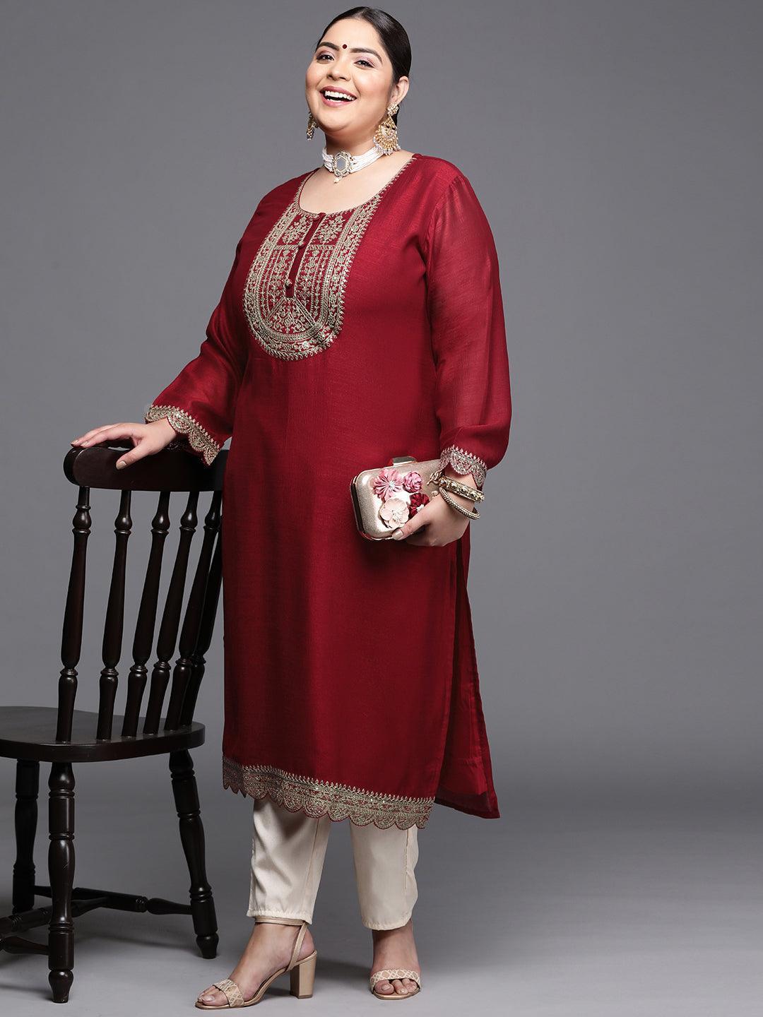 Plus Size Maroon Yoke Design Silk Kurta