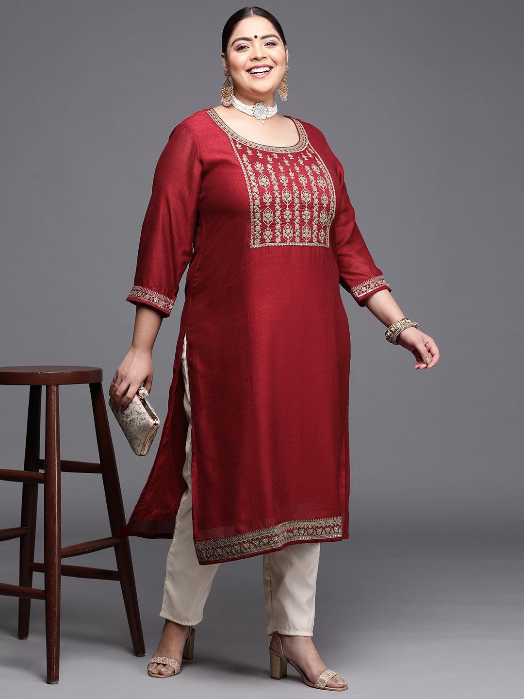 Plus Size Maroon Yoke Design Silk Kurta