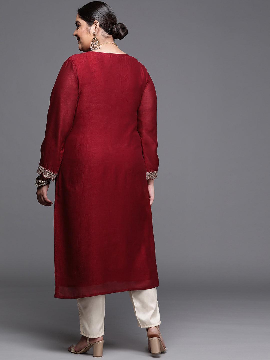 Plus Size Maroon Yoke Design Silk Kurta