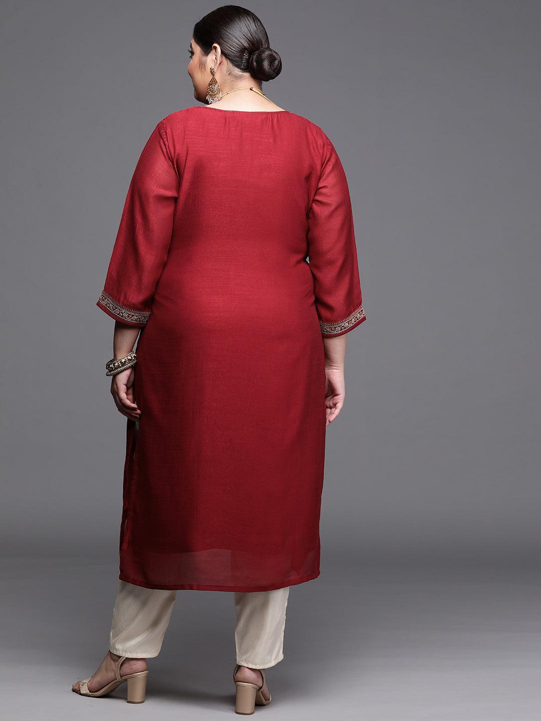 Plus Size Maroon Yoke Design Silk Kurta