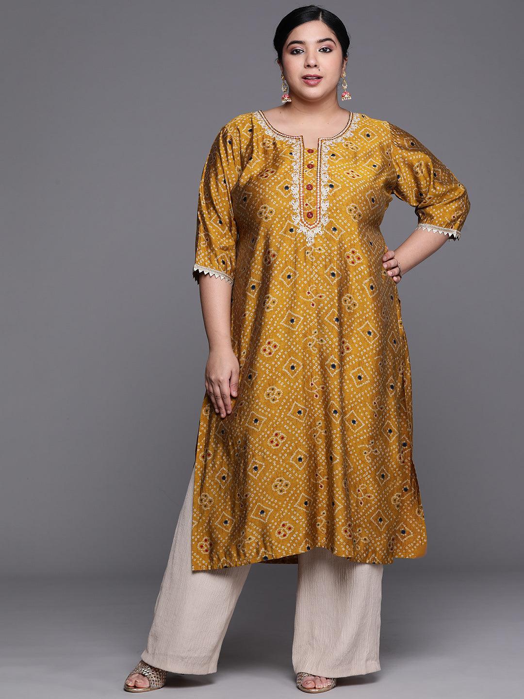 Plus Size Mustard Printed Chanderi Silk Kurta