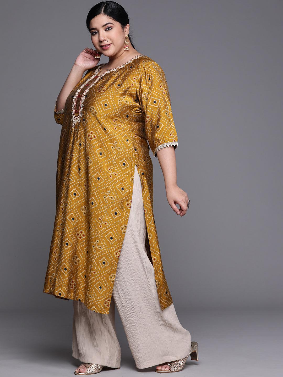 Plus Size Mustard Printed Chanderi Silk Kurta