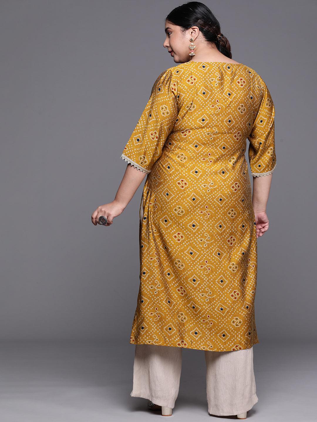 Plus Size Mustard Printed Chanderi Silk Kurta