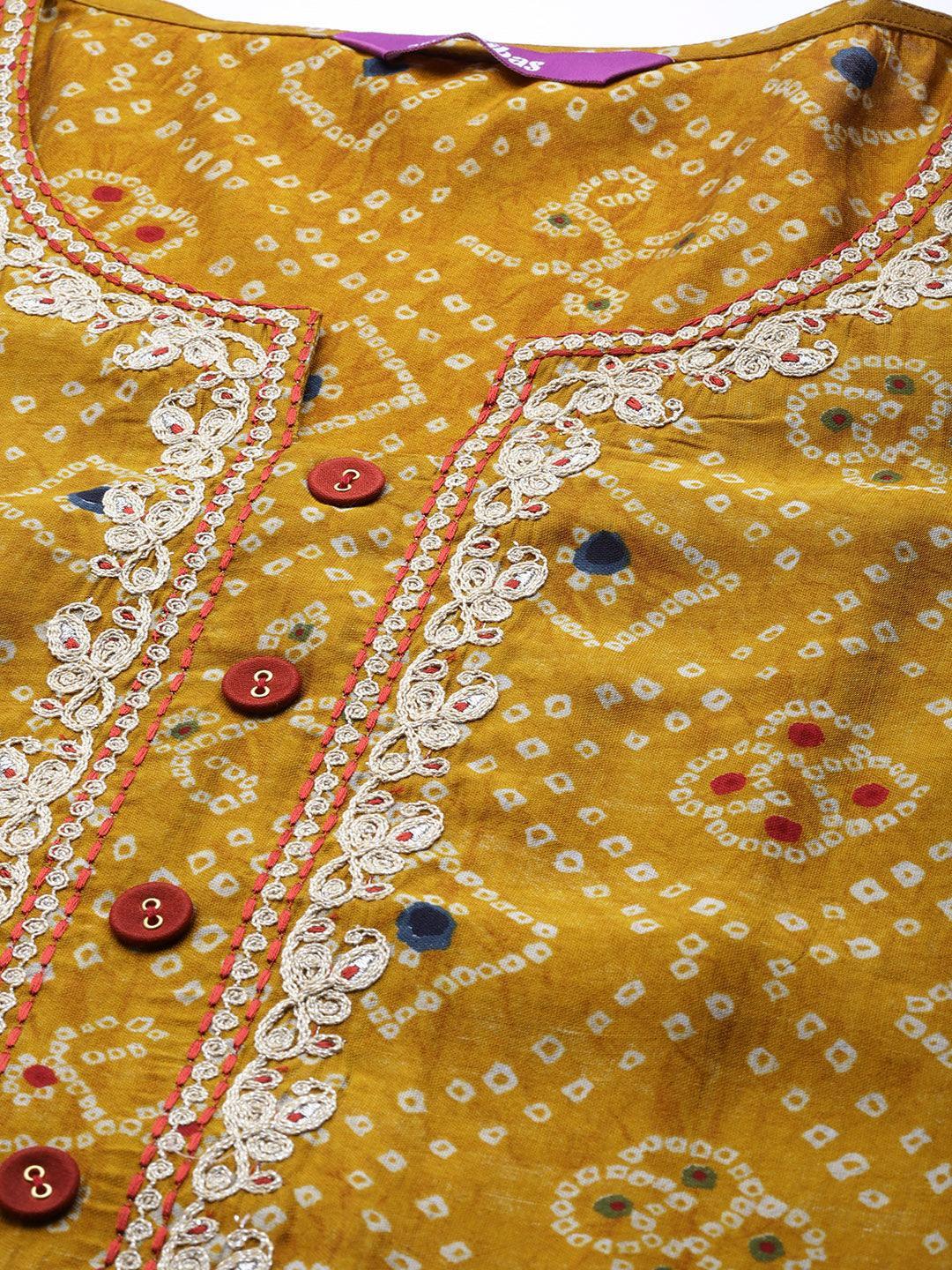 Plus Size Mustard Printed Chanderi Silk Kurta