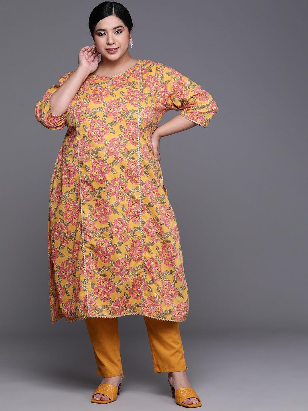 Plus Size Mustard Printed Cotton Kurta