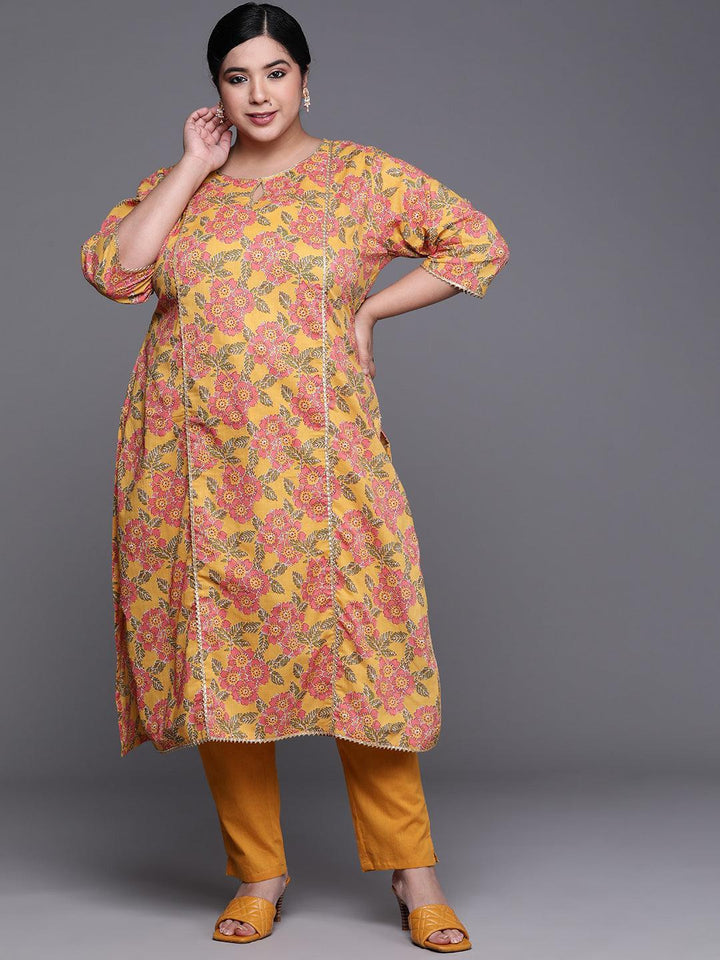 Plus Size Mustard Printed Cotton Kurta - ShopLibas