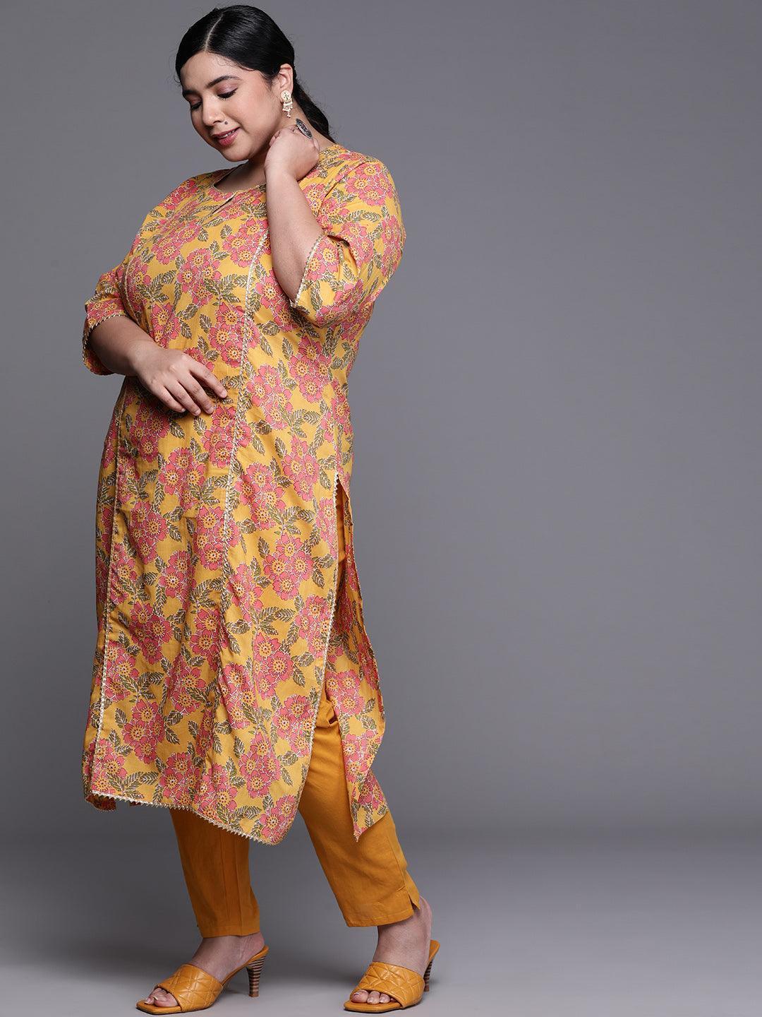 Plus Size Mustard Printed Cotton Kurta - ShopLibas