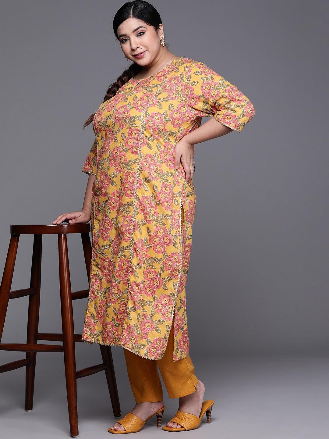 Plus Size Mustard Printed Cotton Kurta