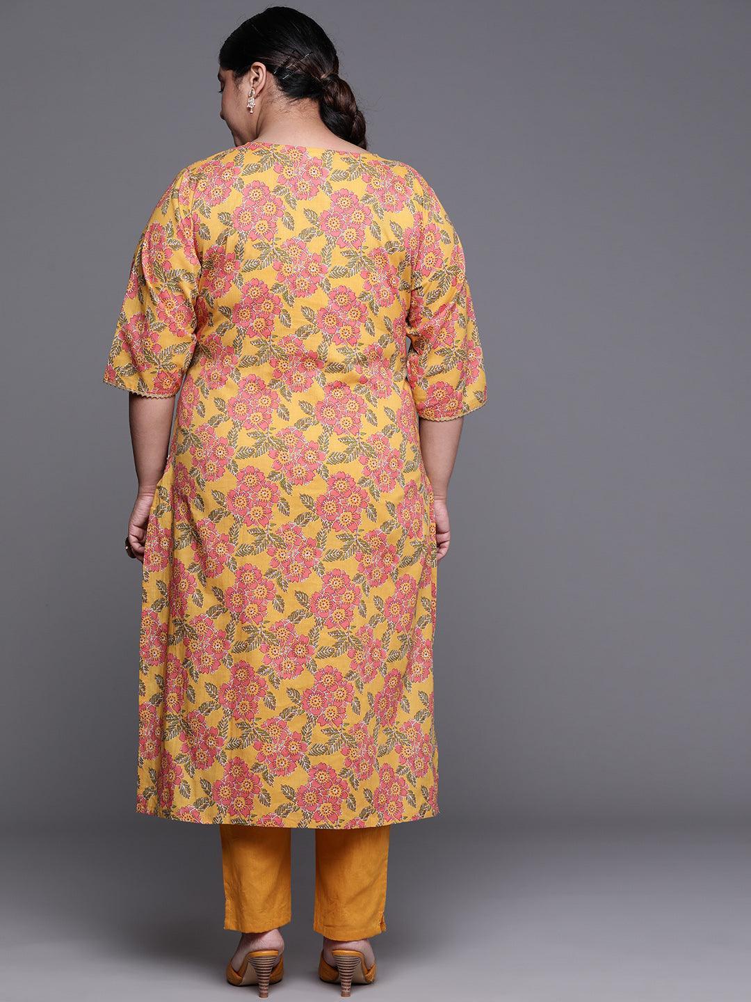 Plus Size Mustard Printed Cotton Kurta