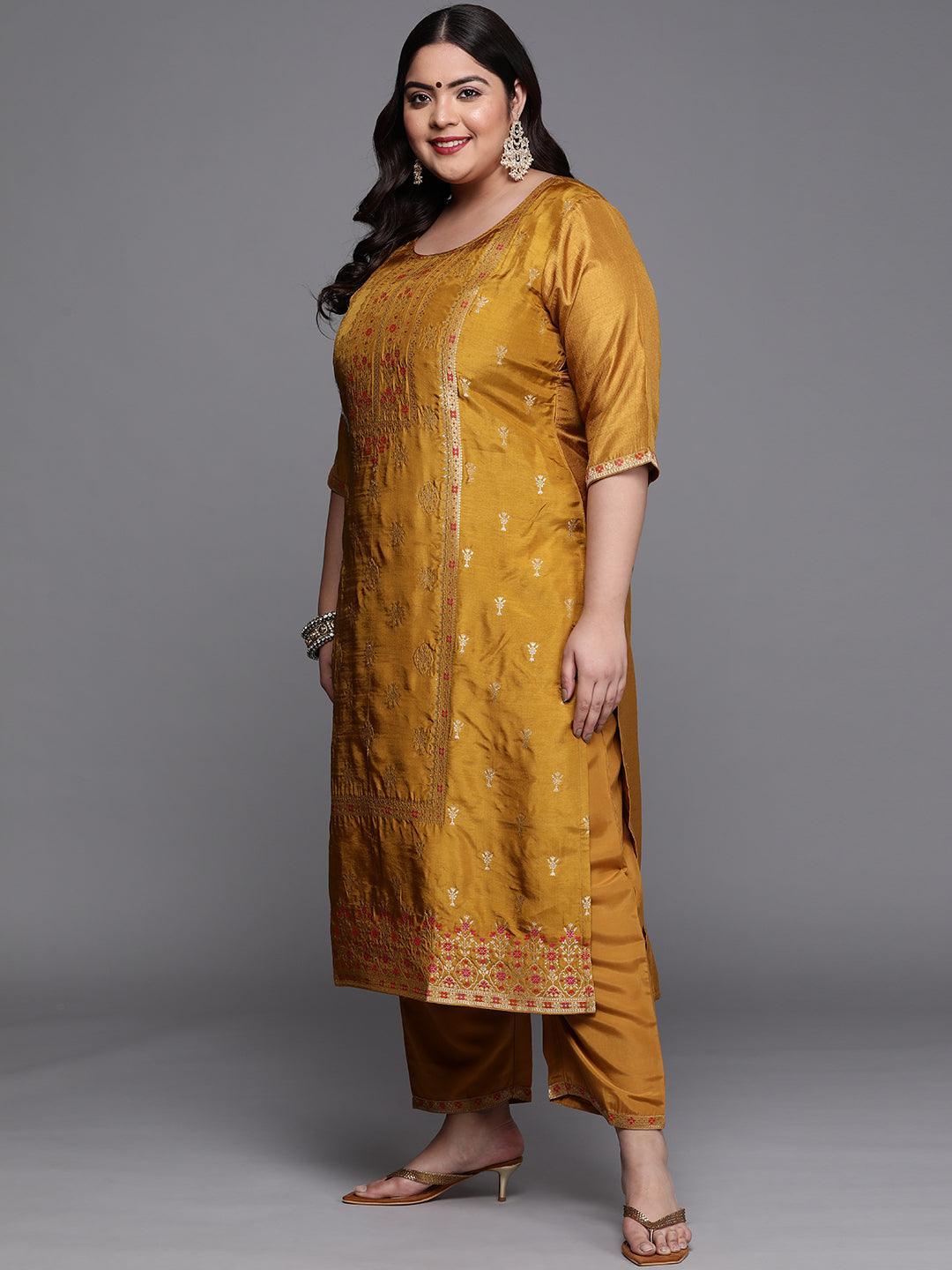 Plus Size Mustard Self Design Silk Blend Suit Set