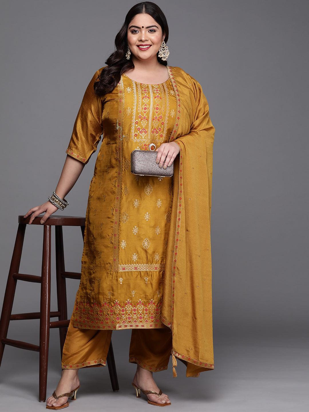 Plus Size Mustard Self Design Silk Blend Suit Set