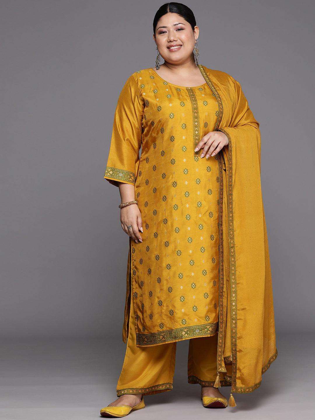 Plus Size Mustard Woven Design Silk Blend Straight Kurta With Trousers & Dupatta