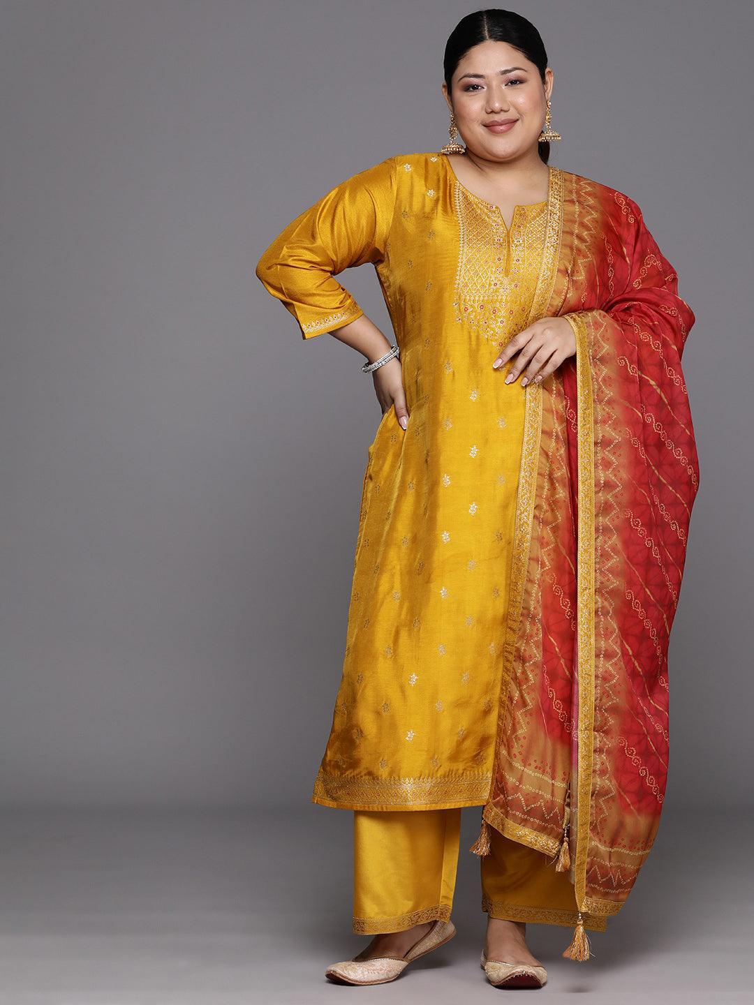 Plus Size Mustard Woven Design Silk Blend Straight Kurta With Trousers & Dupatta