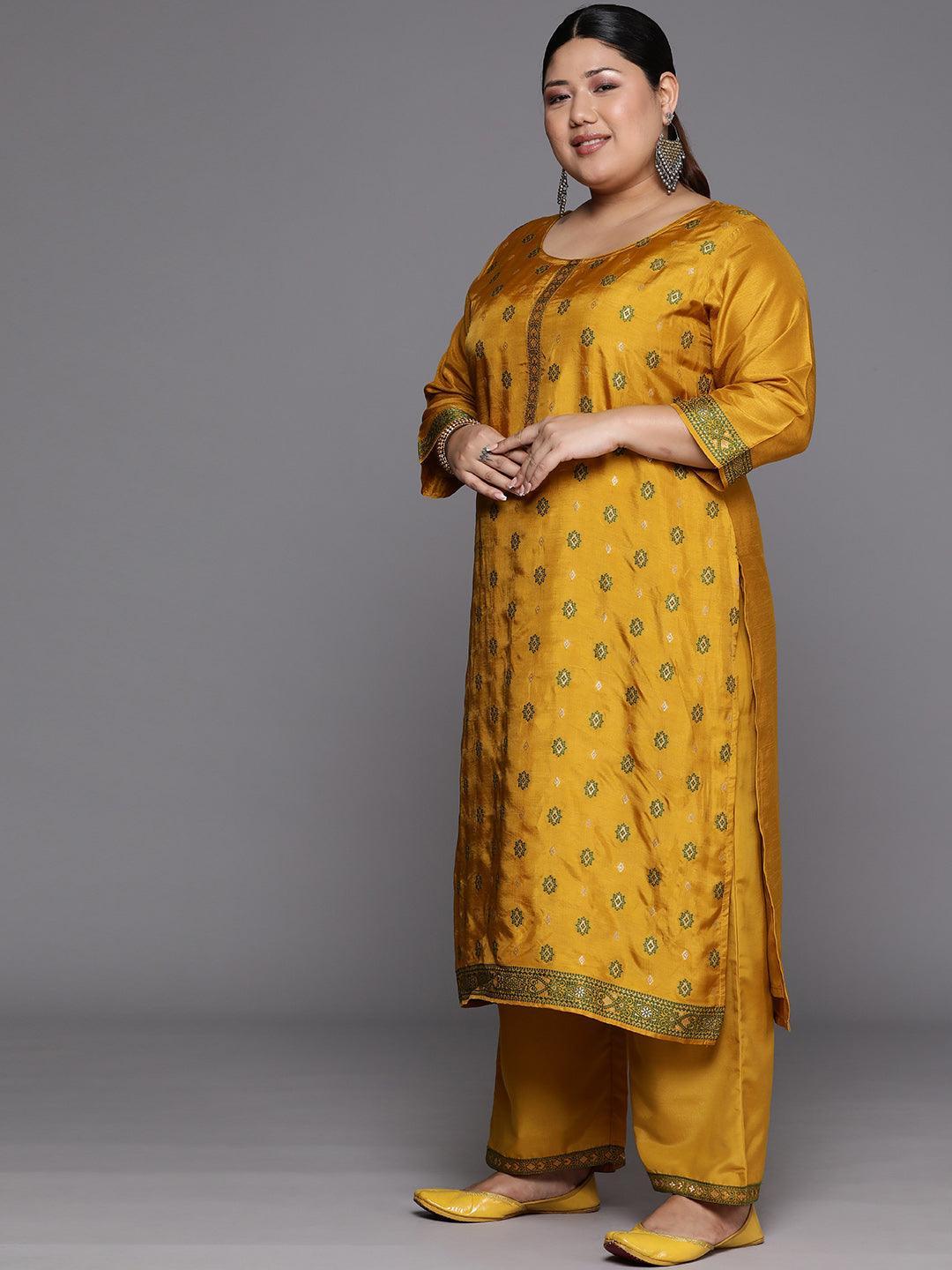 Plus Size Mustard Woven Design Silk Blend Straight Kurta With Trousers & Dupatta