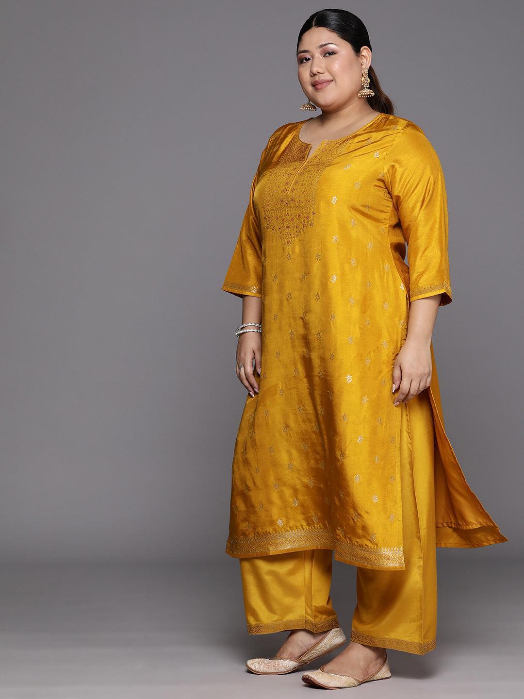 Plus Size Mustard Woven Design Silk Blend Straight Kurta With Trousers & Dupatta