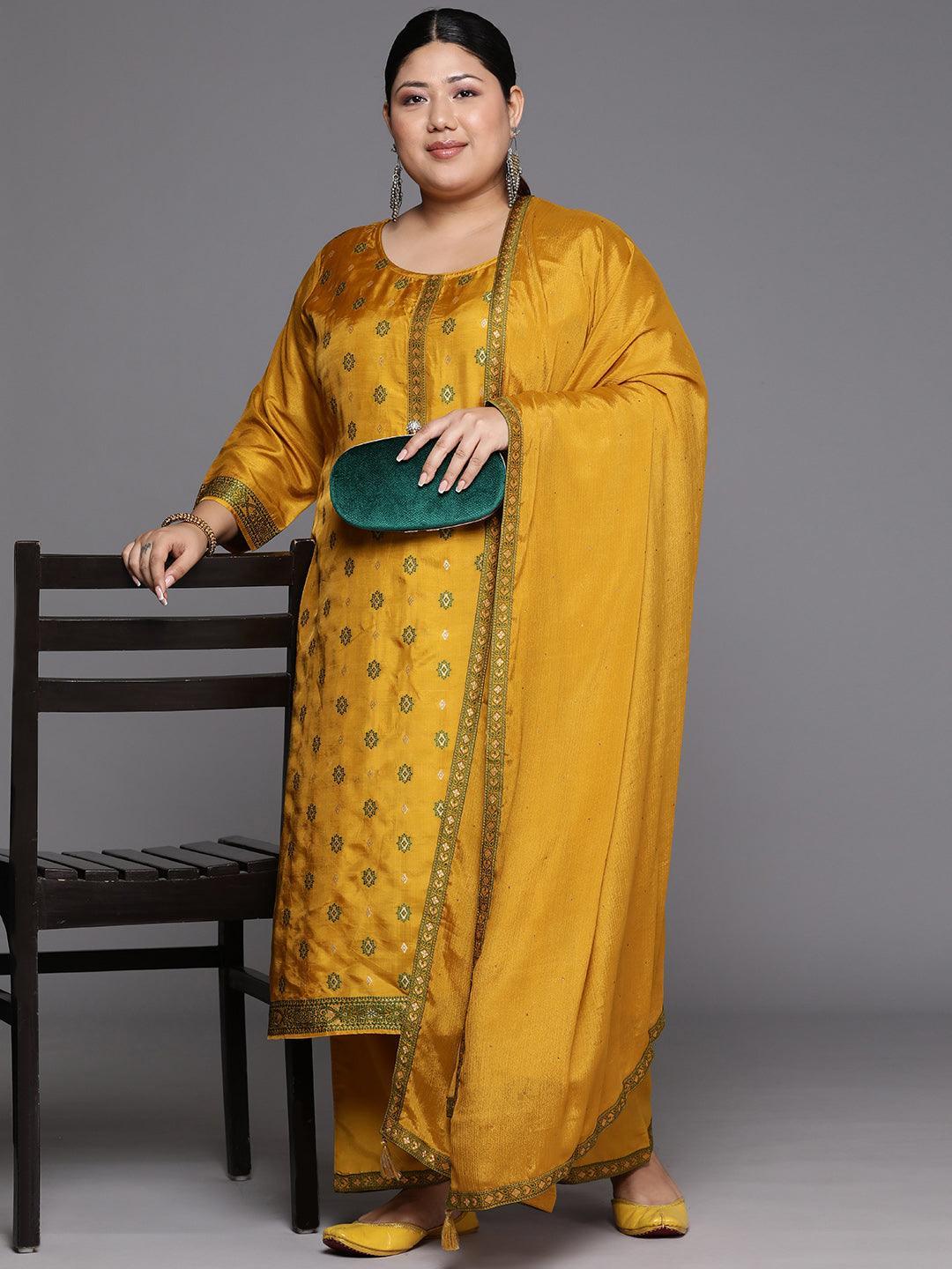 Plus Size Mustard Woven Design Silk Blend Straight Kurta With Trousers & Dupatta