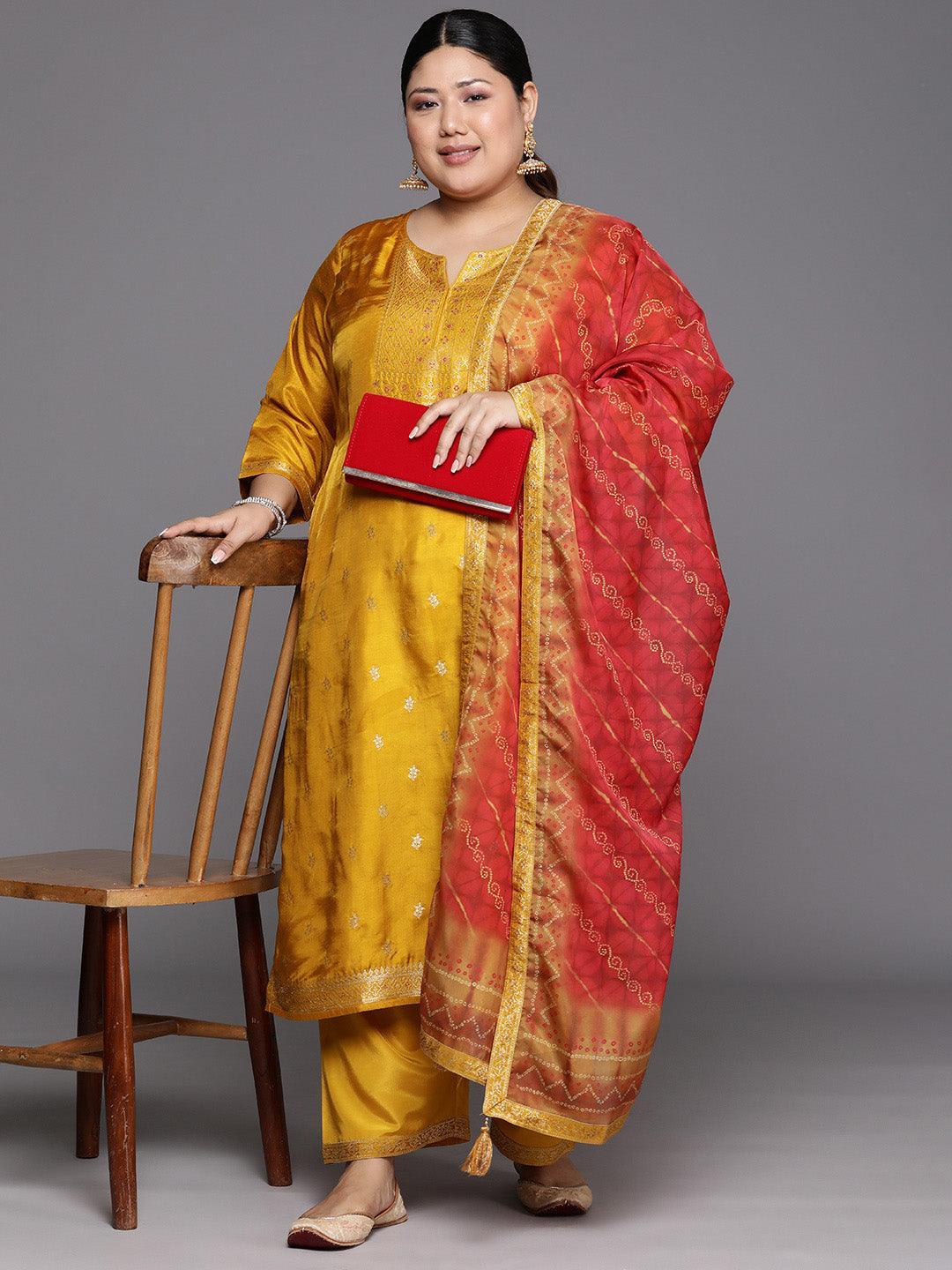 Plus Size Mustard Woven Design Silk Blend Straight Kurta With Trousers & Dupatta