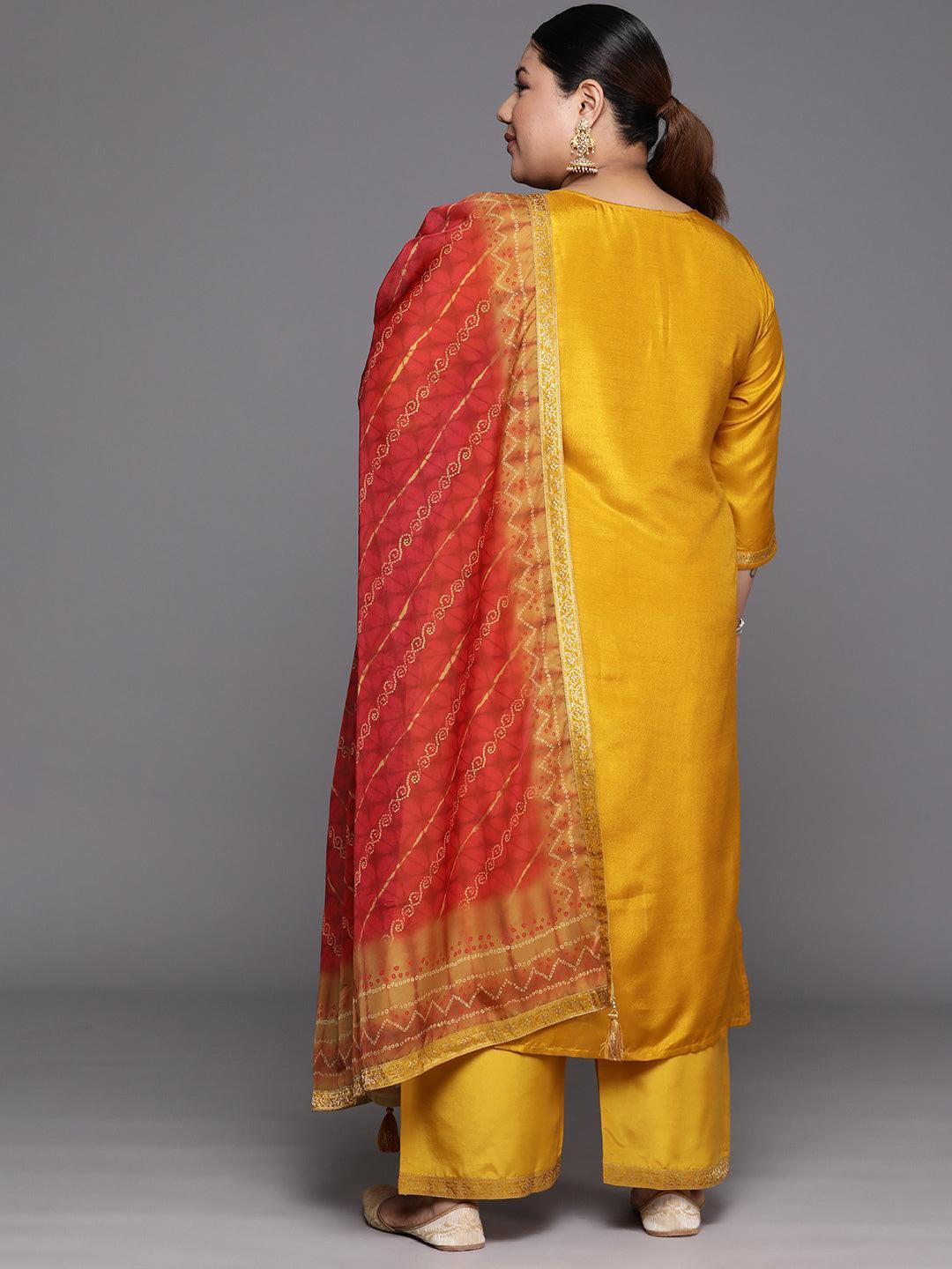 Plus Size Mustard Woven Design Silk Blend Straight Kurta With Trousers & Dupatta