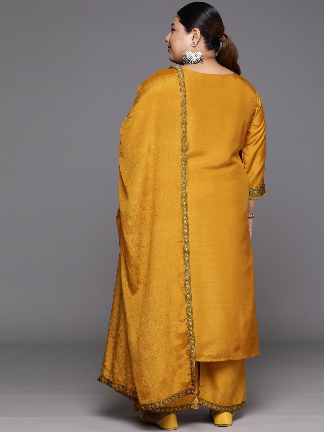 Plus Size Mustard Woven Design Silk Blend Straight Kurta With Trousers & Dupatta