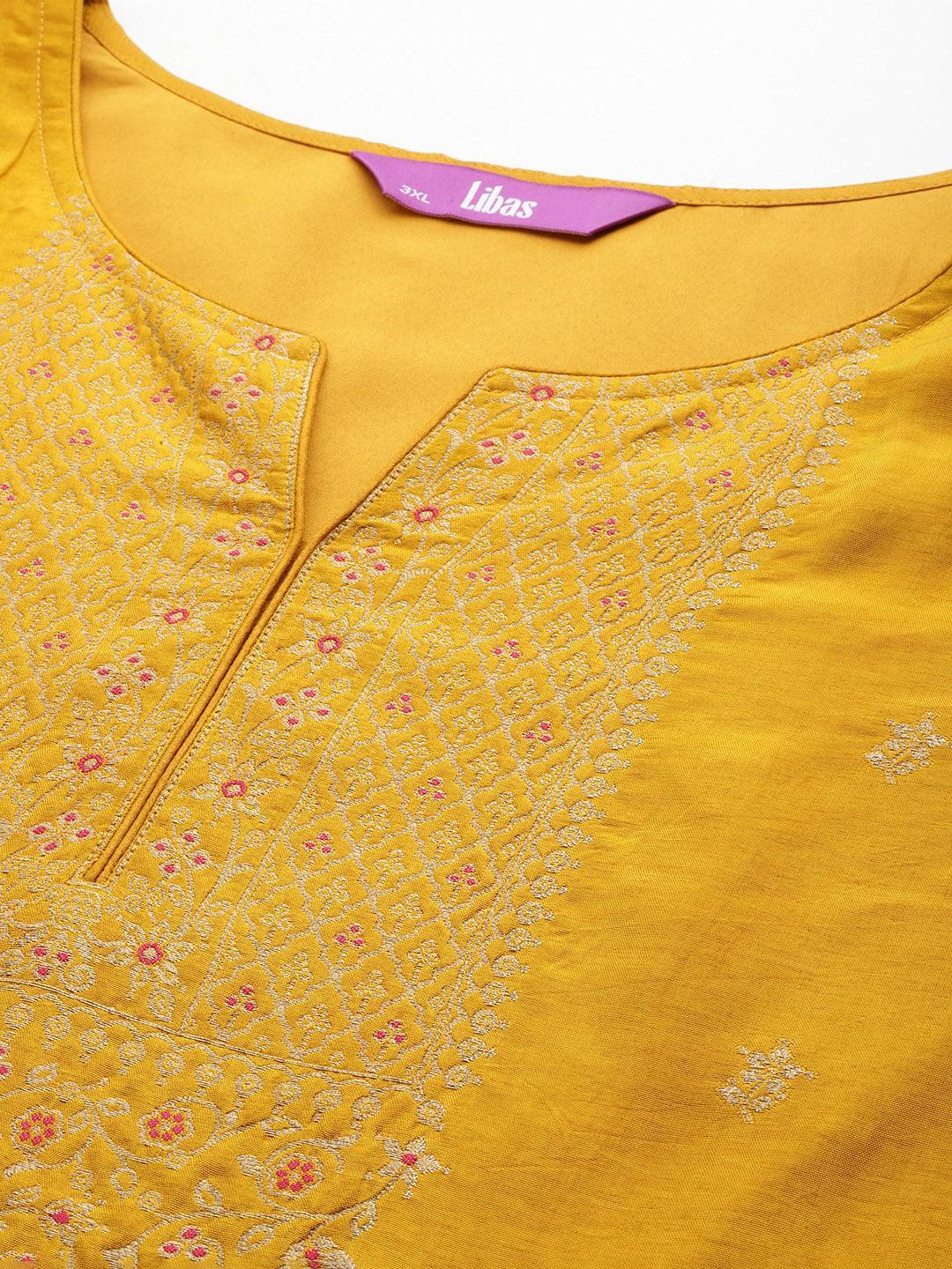 Plus Size Mustard Woven Design Silk Blend Straight Kurta With Trousers & Dupatta