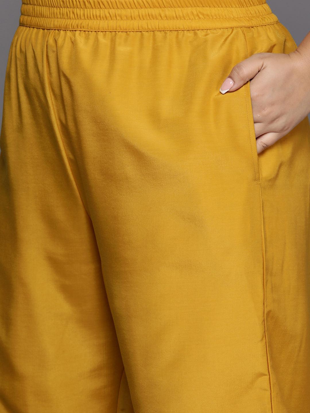 Plus Size Mustard Woven Design Silk Blend Straight Kurta With Trousers & Dupatta