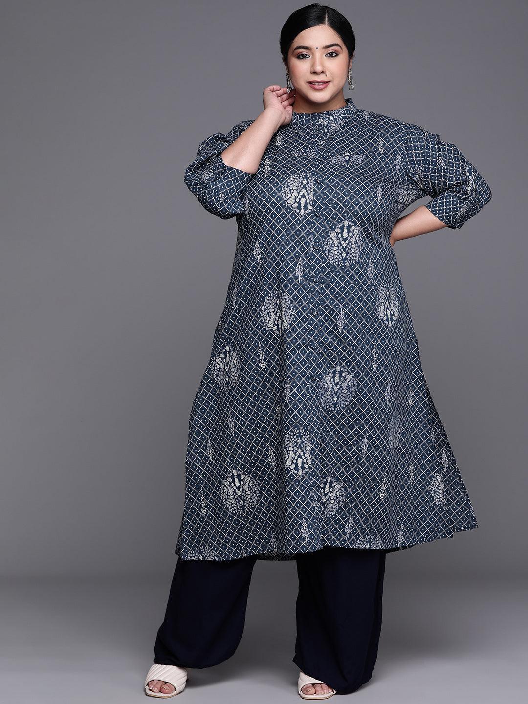 Plus Size Navy Blue Printed Cotton Kurta