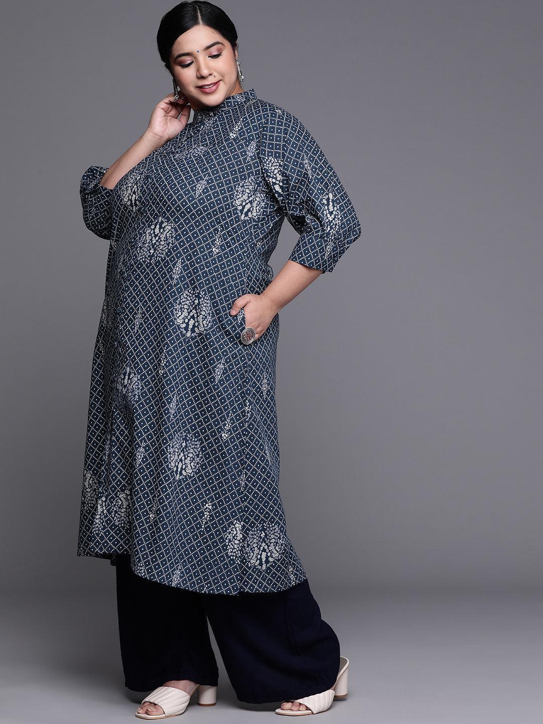 Plus Size Navy Blue Printed Cotton Kurta