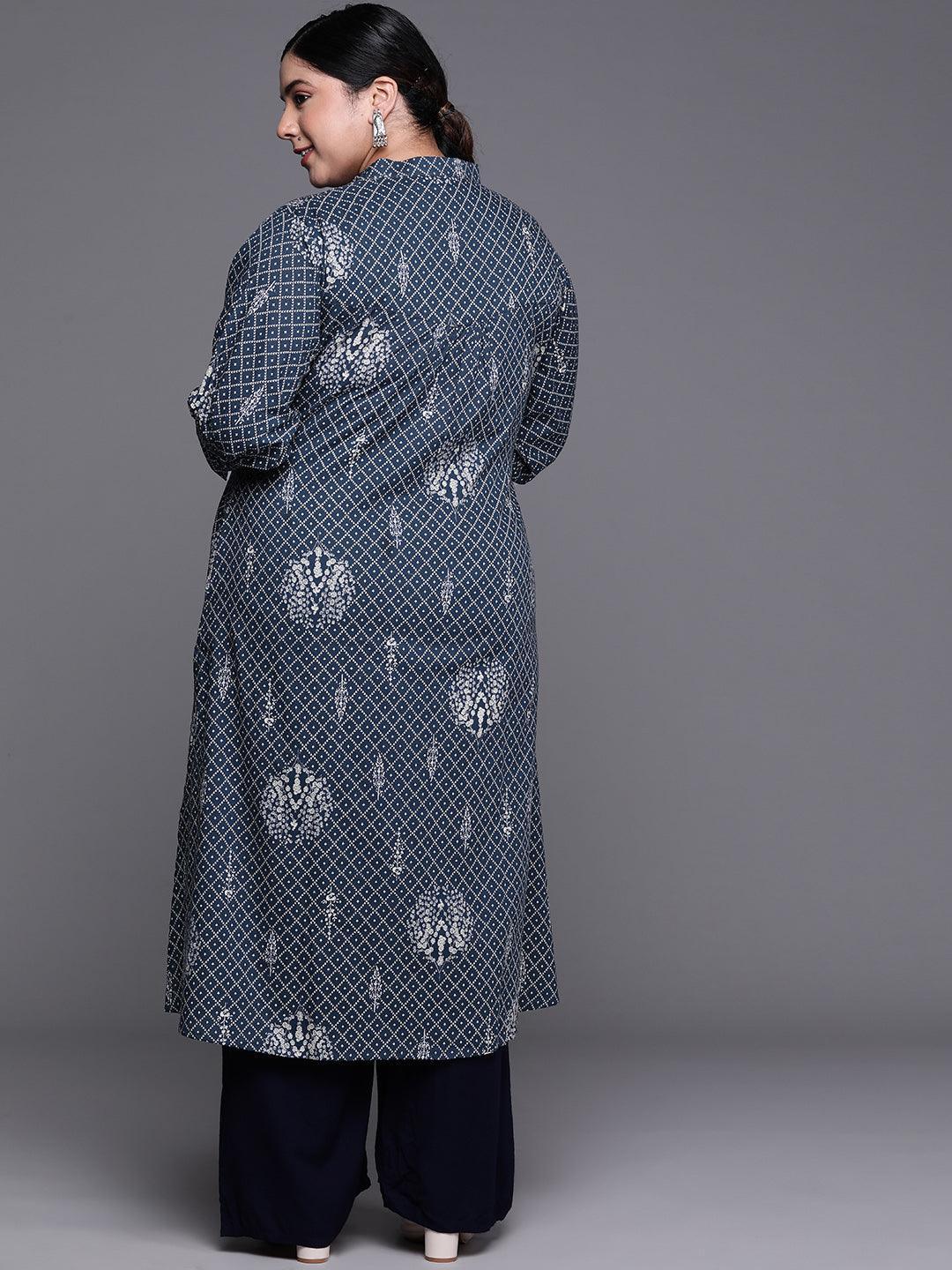 Plus Size Navy Blue Printed Cotton Kurta