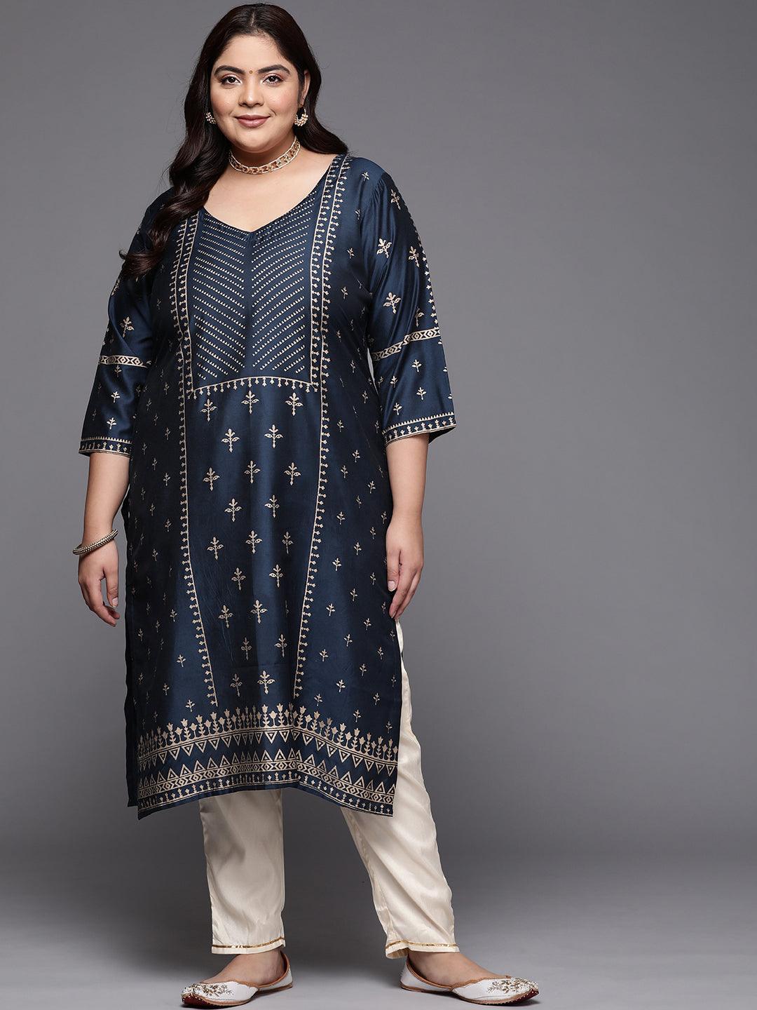 Plus Size Navy Blue Printed Silk Straight Kurta