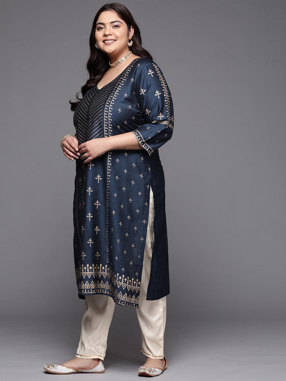 Plus Size Navy Blue Printed Silk Straight Kurta