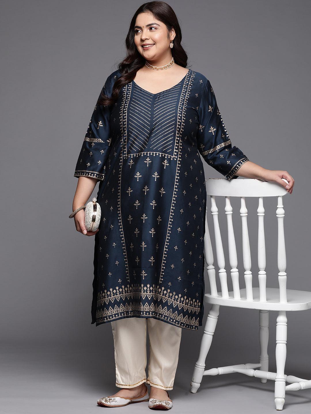 Plus Size Navy Blue Printed Silk Straight Kurta