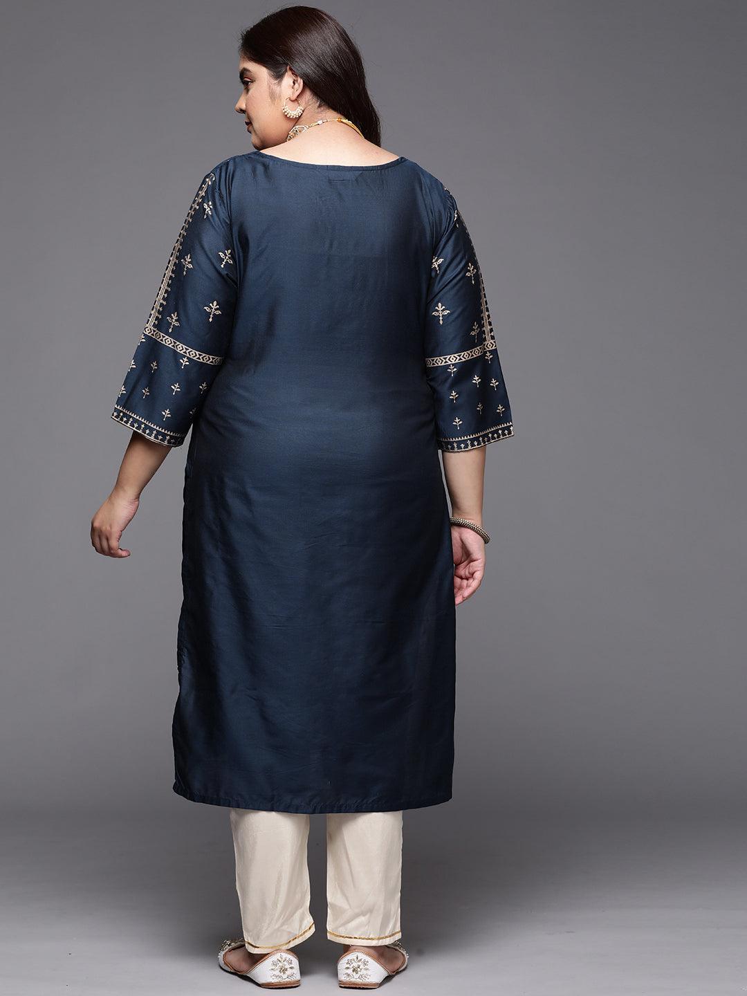 Plus Size Navy Blue Printed Silk Straight Kurta