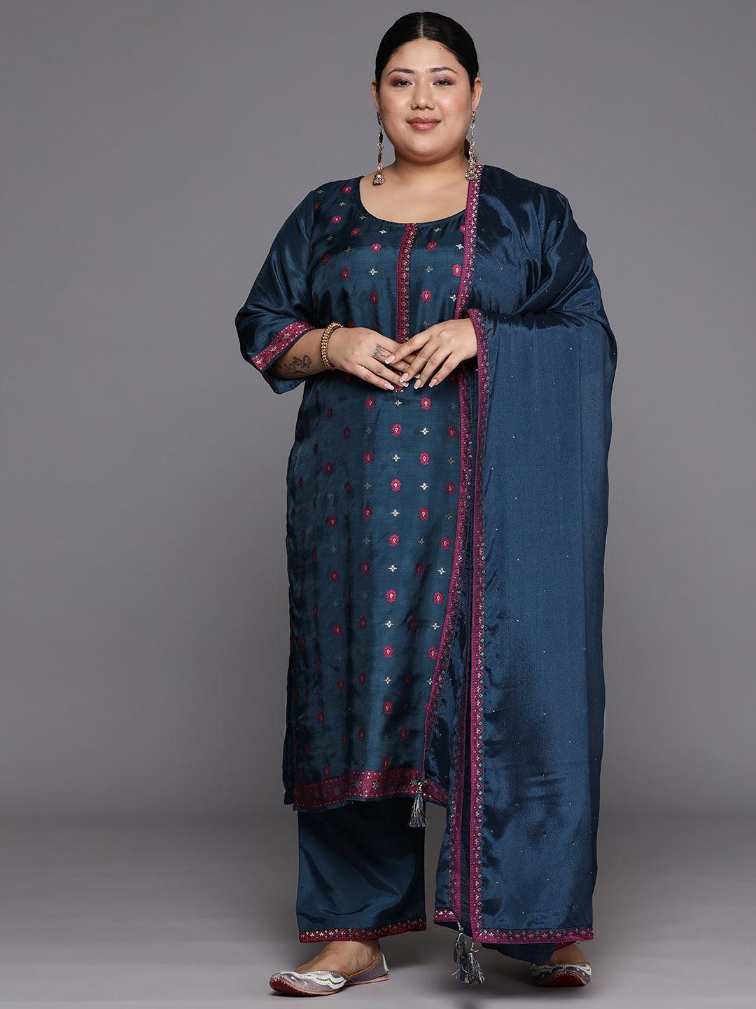 Plus Size Navy Blue Woven Design Silk Blend Straight Kurta With Trousers & Dupatta