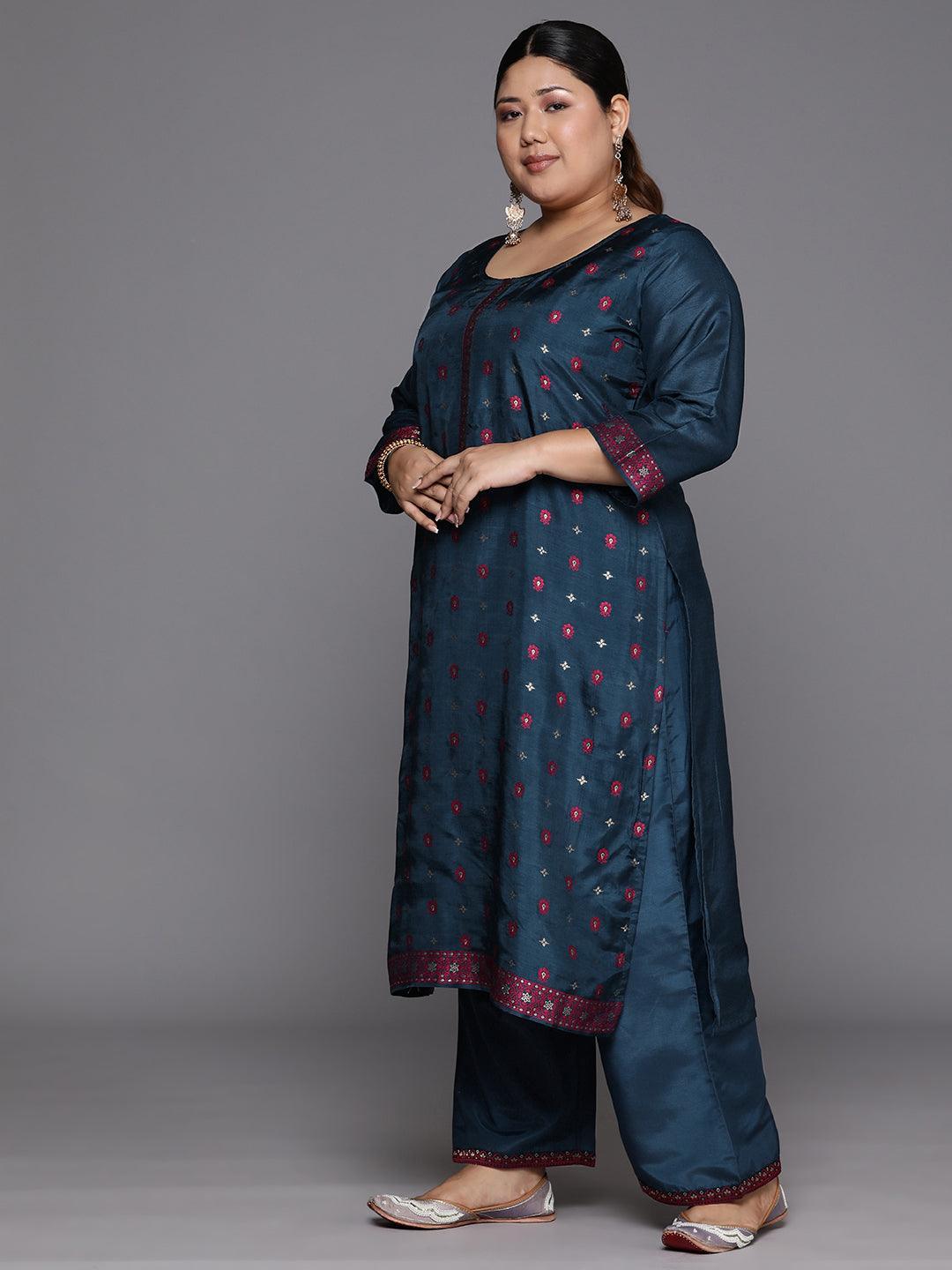 Plus Size Navy Blue Woven Design Silk Blend Straight Kurta With Trousers & Dupatta