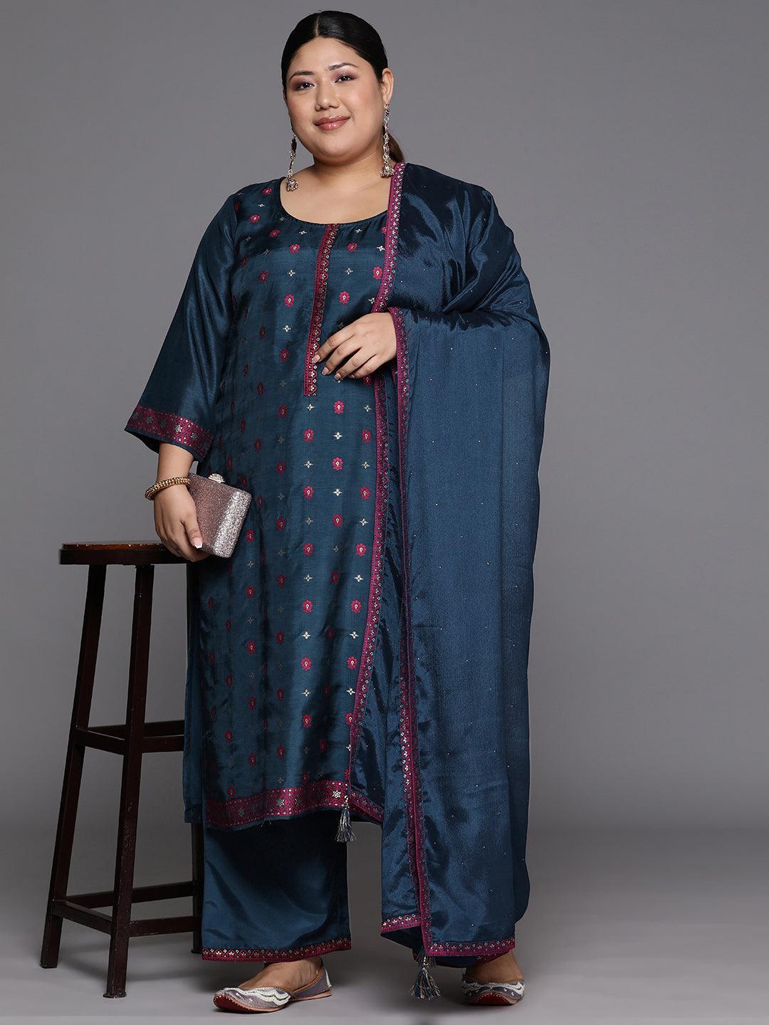 Plus Size Navy Blue Woven Design Silk Blend Straight Kurta With Trousers & Dupatta