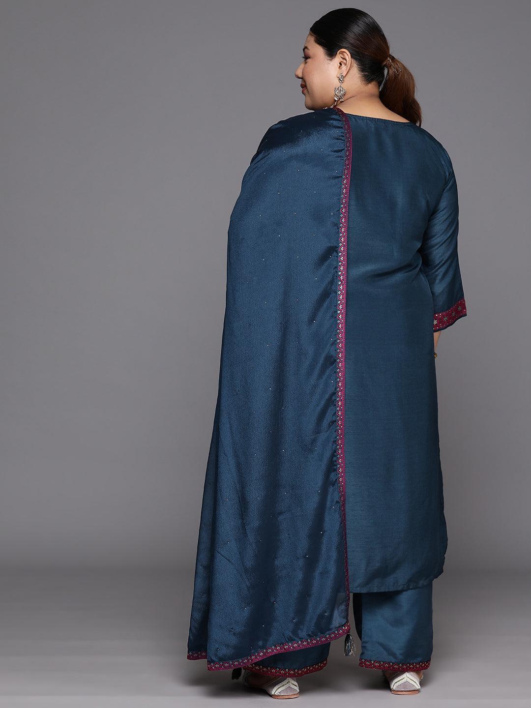 Plus Size Navy Blue Woven Design Silk Blend Straight Kurta With Trousers & Dupatta