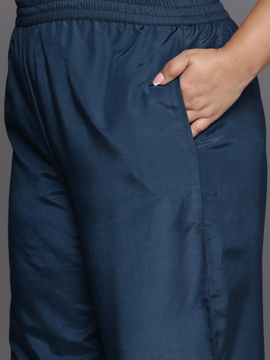 Plus Size Navy Blue Woven Design Silk Blend Straight Kurta With Trousers & Dupatta