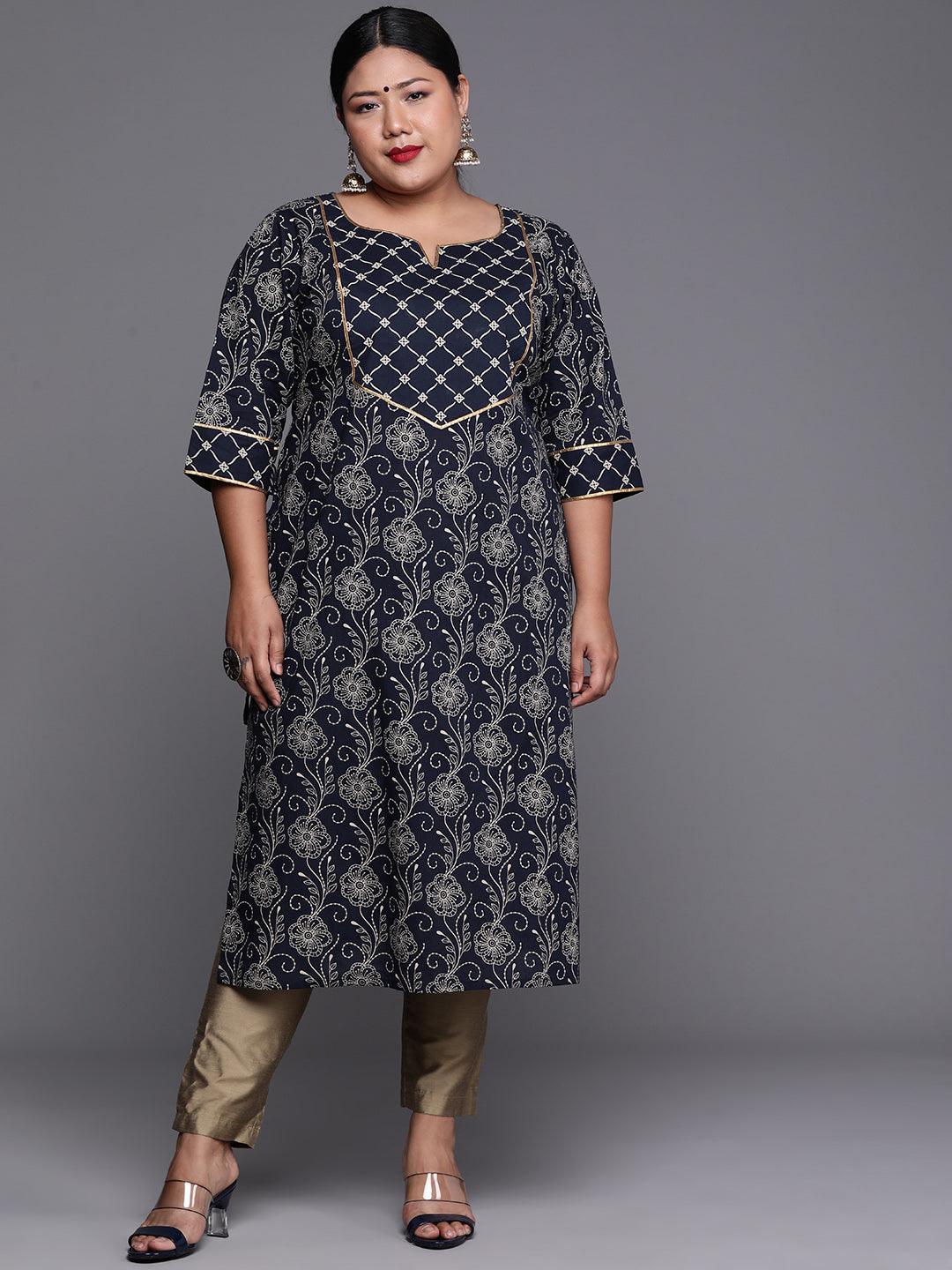 Plus Size Navy Blue Yoke Design Cotton Kurta