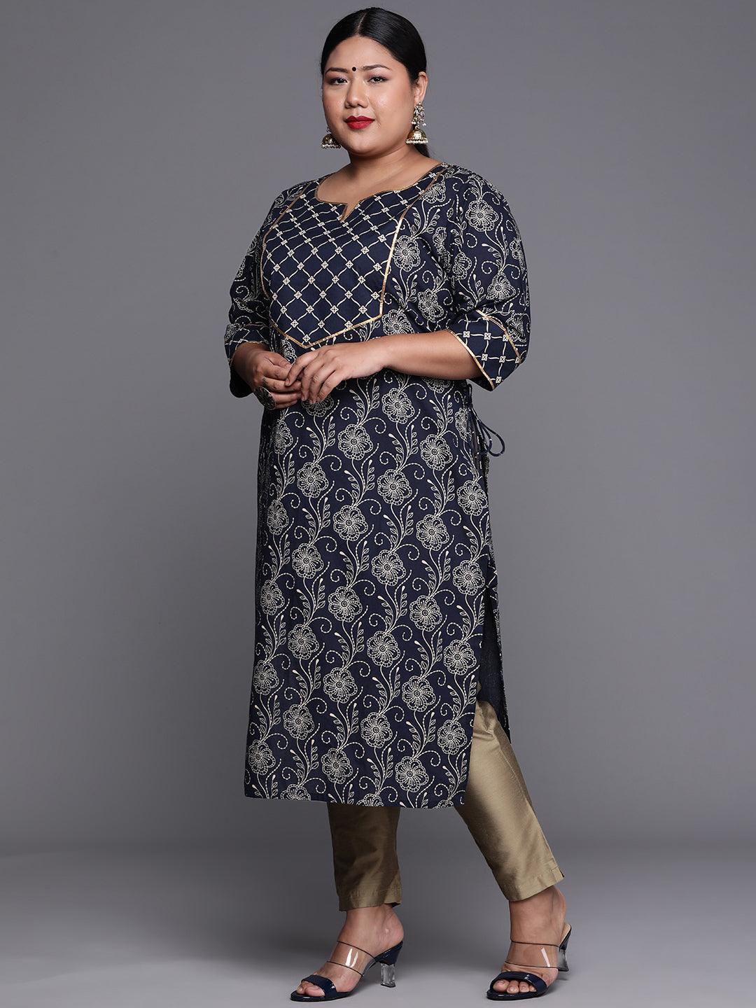 Plus Size Navy Blue Yoke Design Cotton Kurta