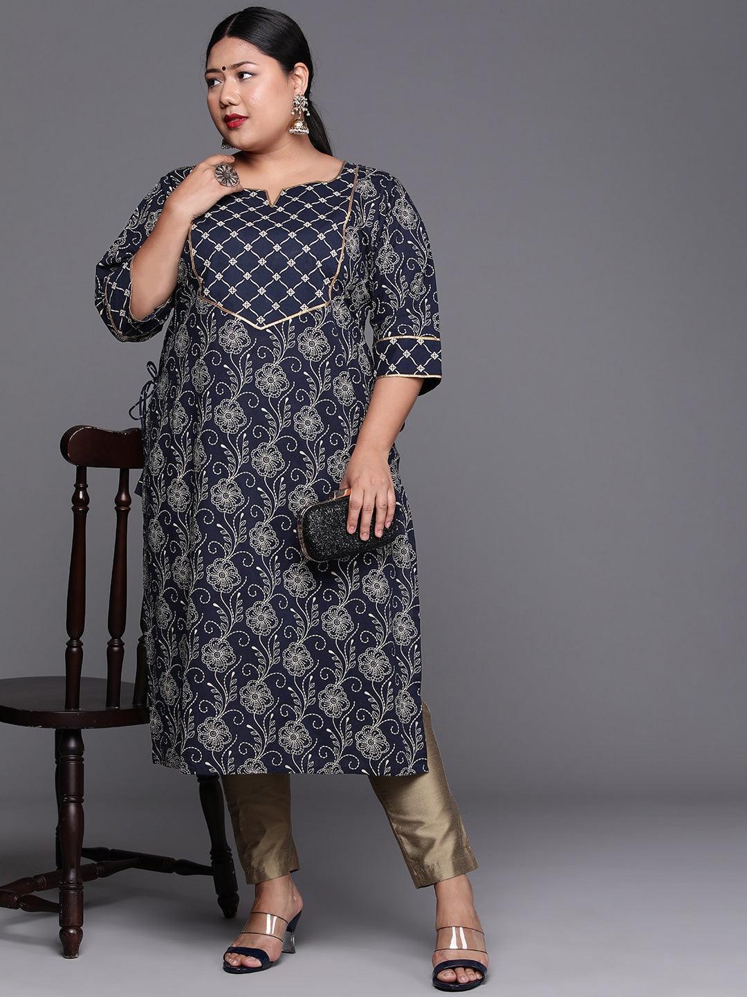 Plus Size Navy Blue Yoke Design Cotton Kurta