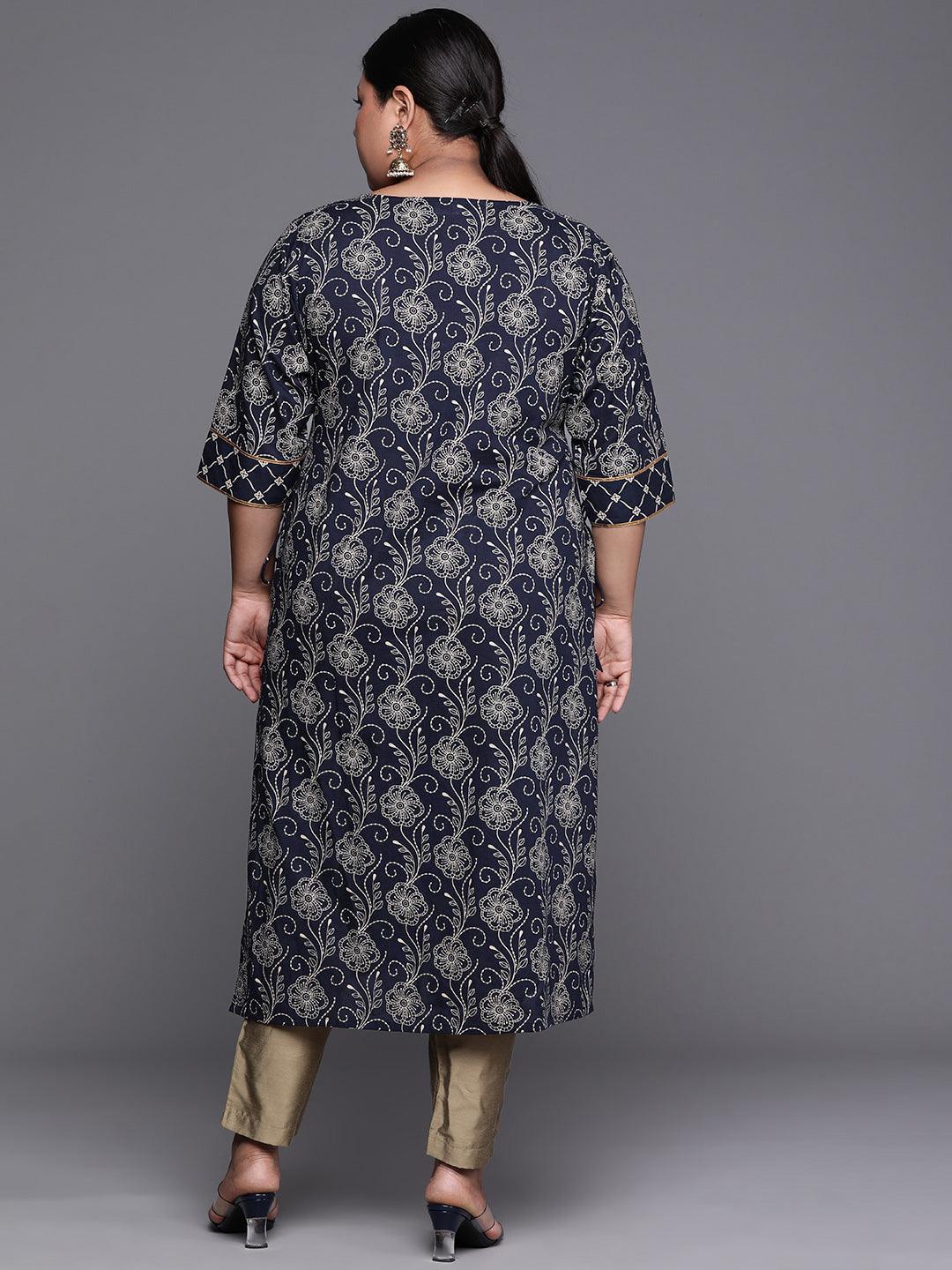 Plus Size Navy Blue Yoke Design Cotton Kurta