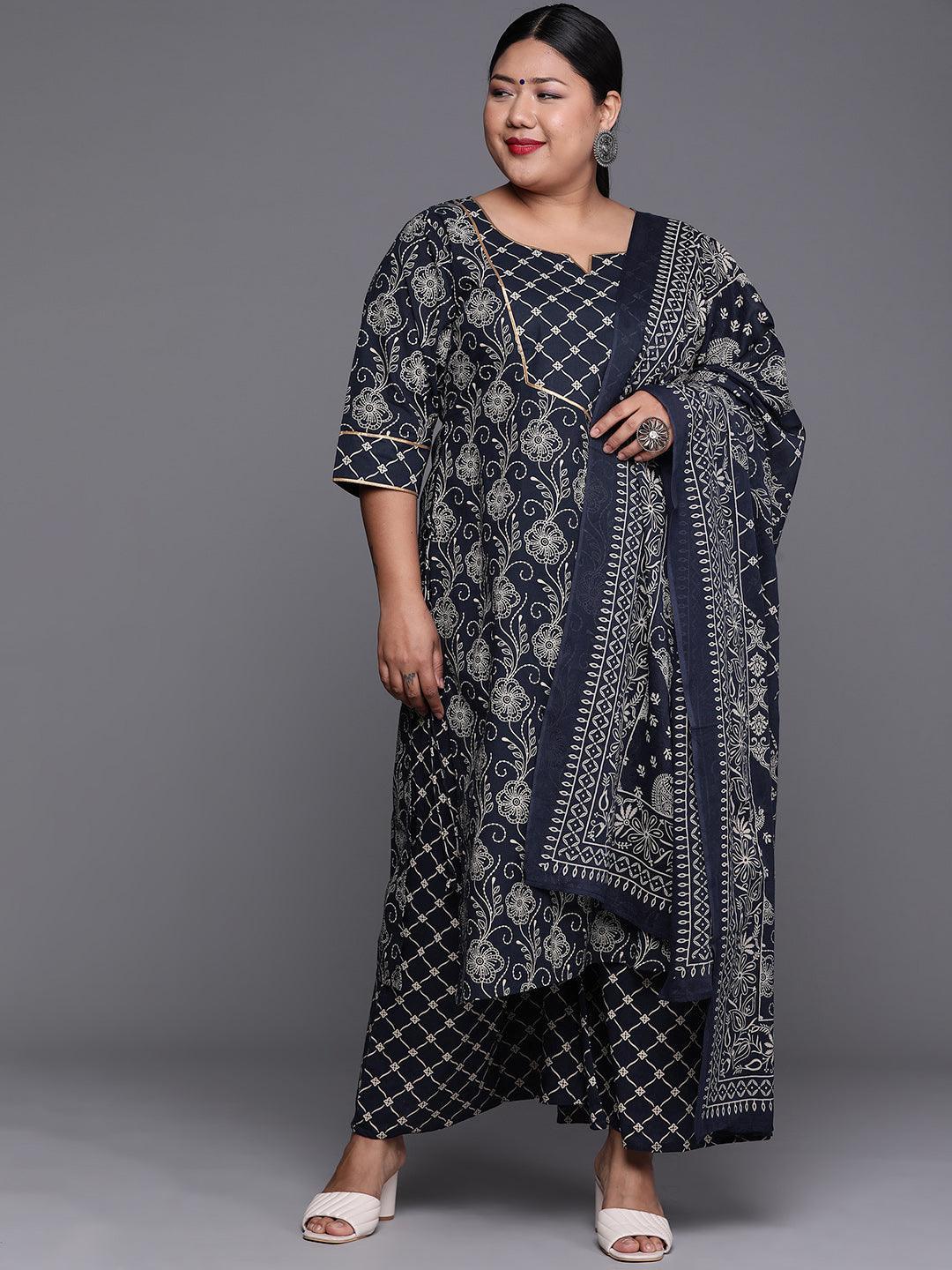 Plus Size Navy Blue Yoke Design Cotton Suit Set