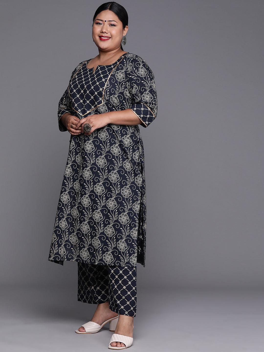 Plus Size Navy Blue Yoke Design Cotton Suit Set