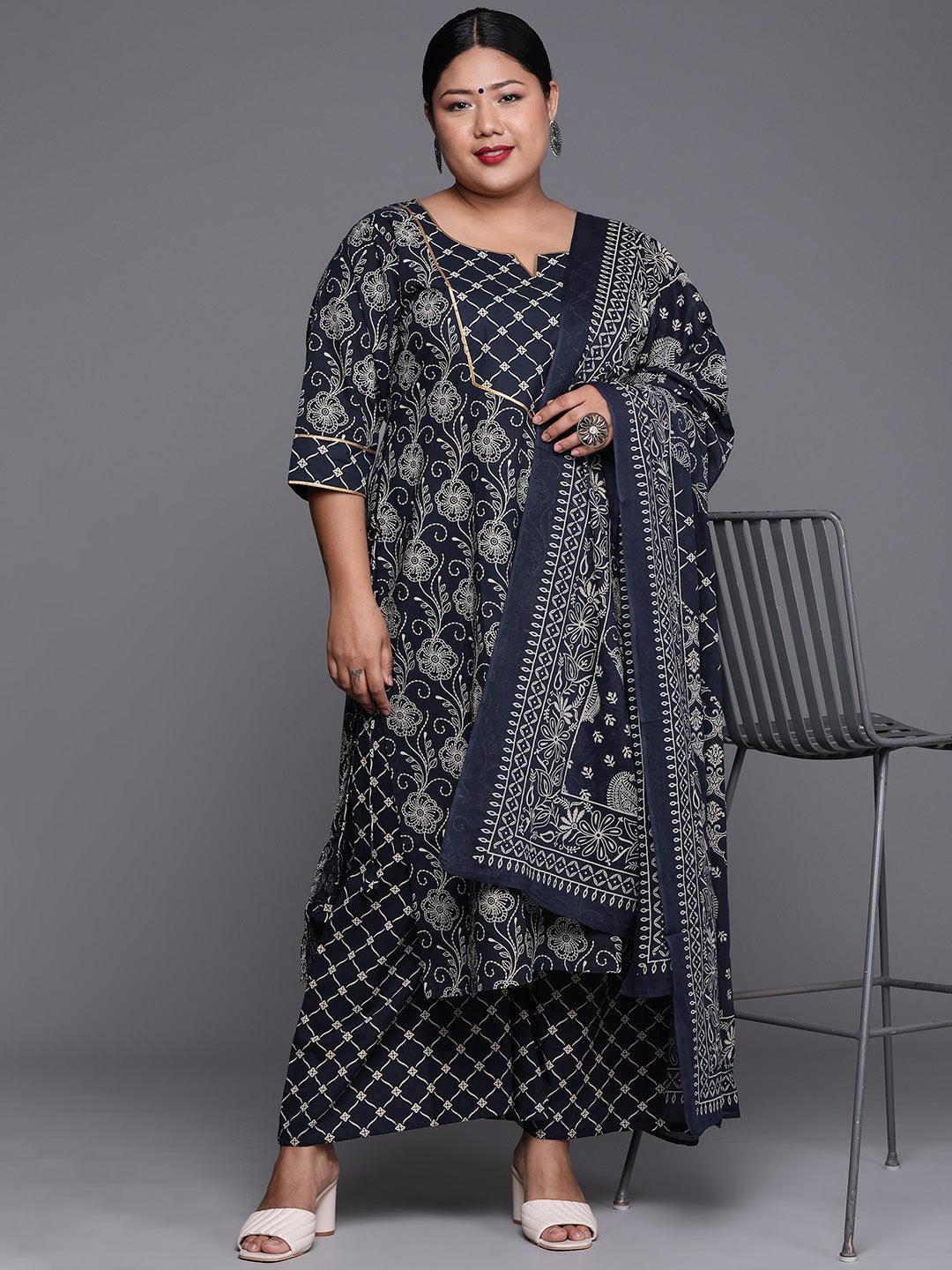 Plus Size Navy Blue Yoke Design Cotton Suit Set