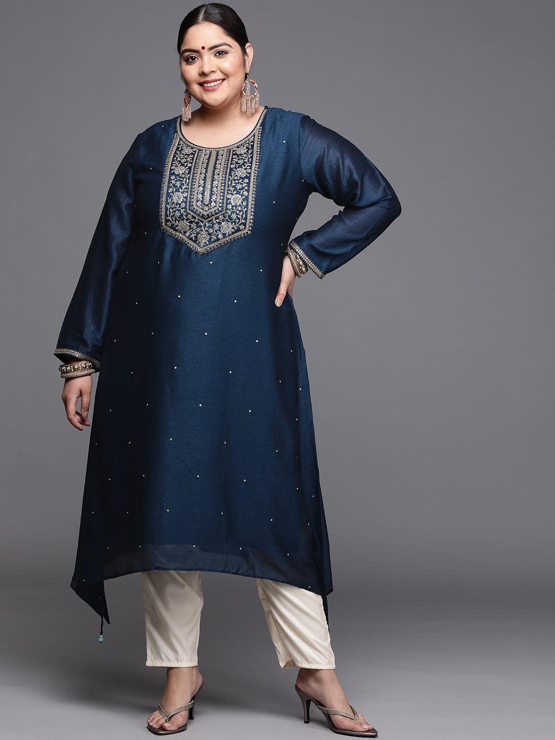 Plus Size Navy Blue Yoke Design Silk Kurta