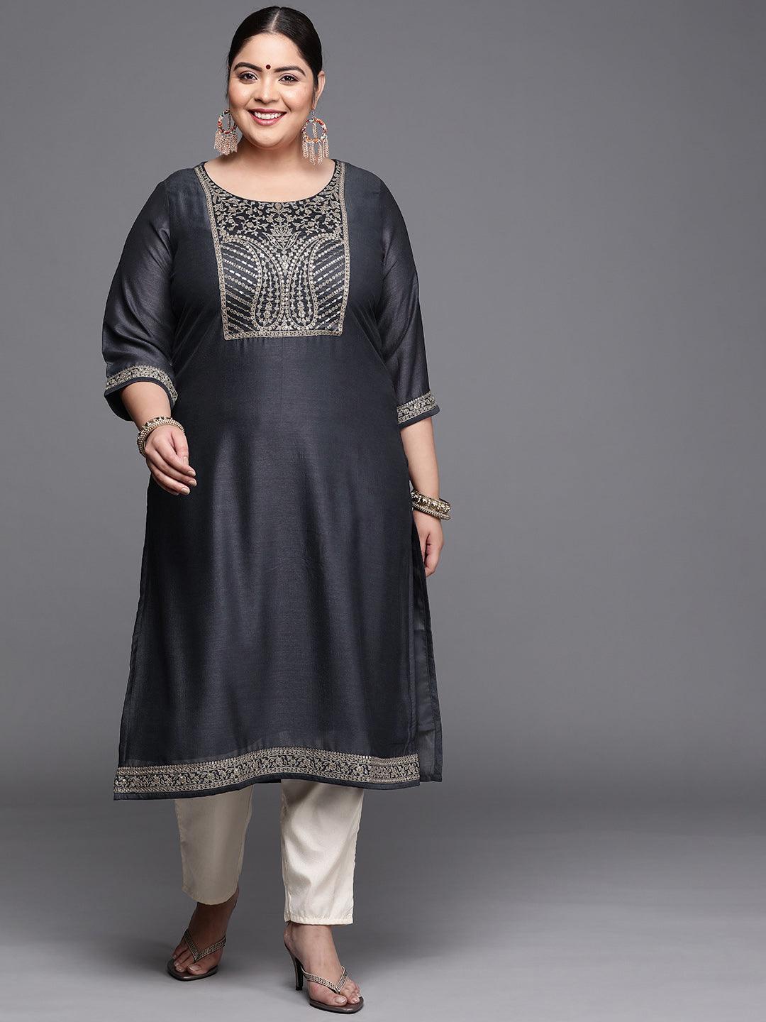 Plus Size Navy Blue Yoke Design Silk Kurta