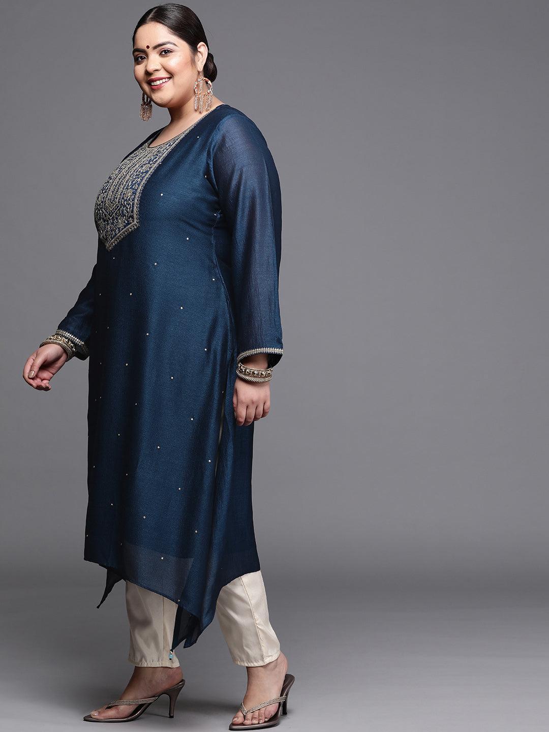 Plus Size Navy Blue Yoke Design Silk Kurta