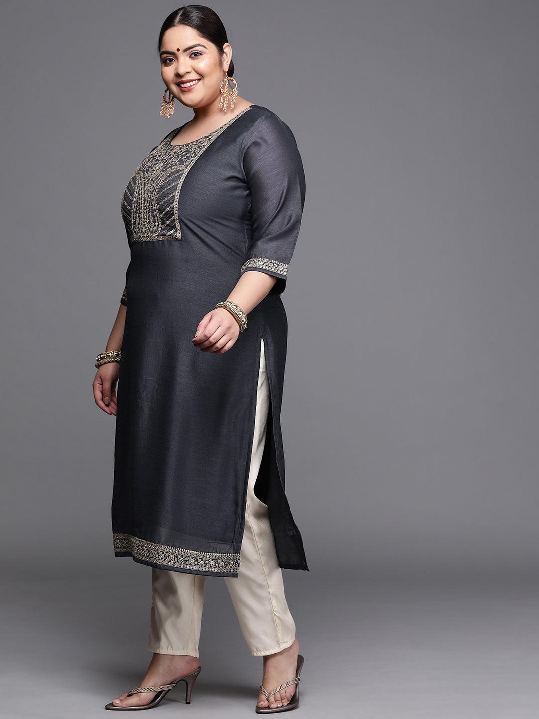 Plus Size Navy Blue Yoke Design Silk Kurta