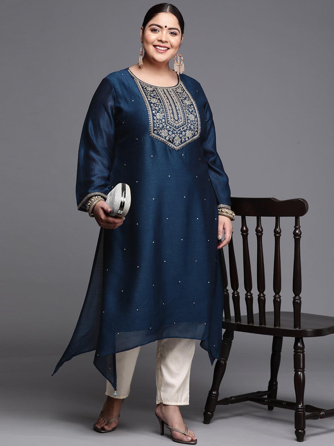 Plus Size Navy Blue Yoke Design Silk Kurta